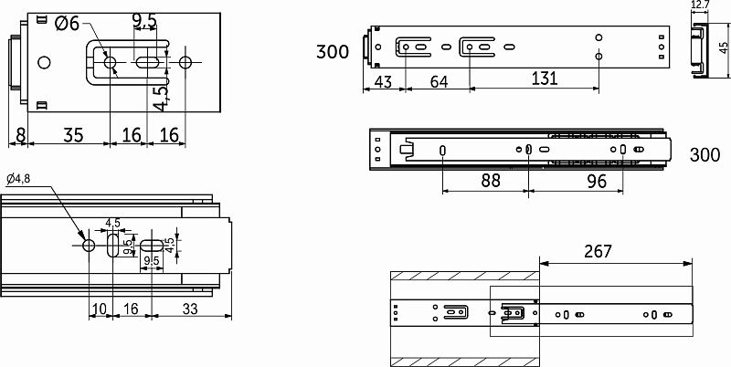 Направляющая шариковая L-300 h45 PUSH TO OPEN A PRIME by AKS 114788