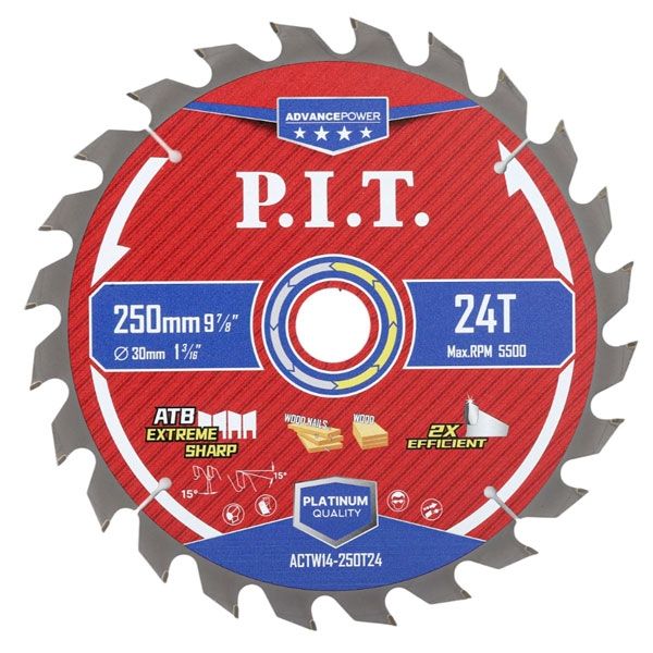 Диск пильный по дереву ADVANCE 250x30x2,2 мм, 24T Carbide, зуб ATB 15° PIT ACTW14-250T24