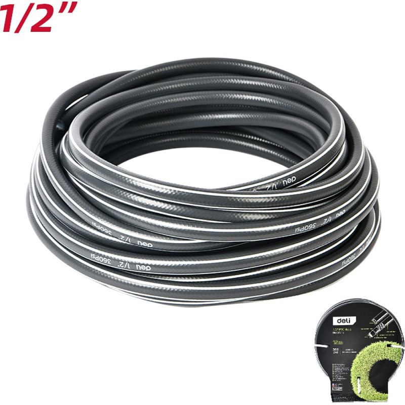 Шланг поливочный армированный четырёхслойный Deli GS EDL8072-15, 1/2", ПВХ, 15 м, серый