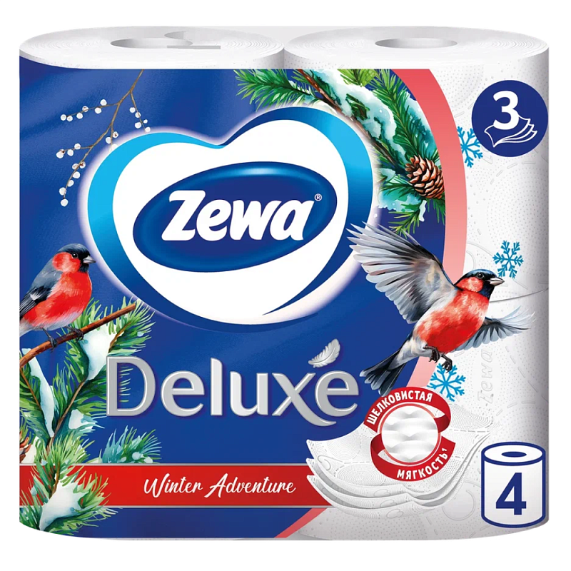 Бумага туалетная "Zewa Deluxe", 3 слоя, 4 рулона