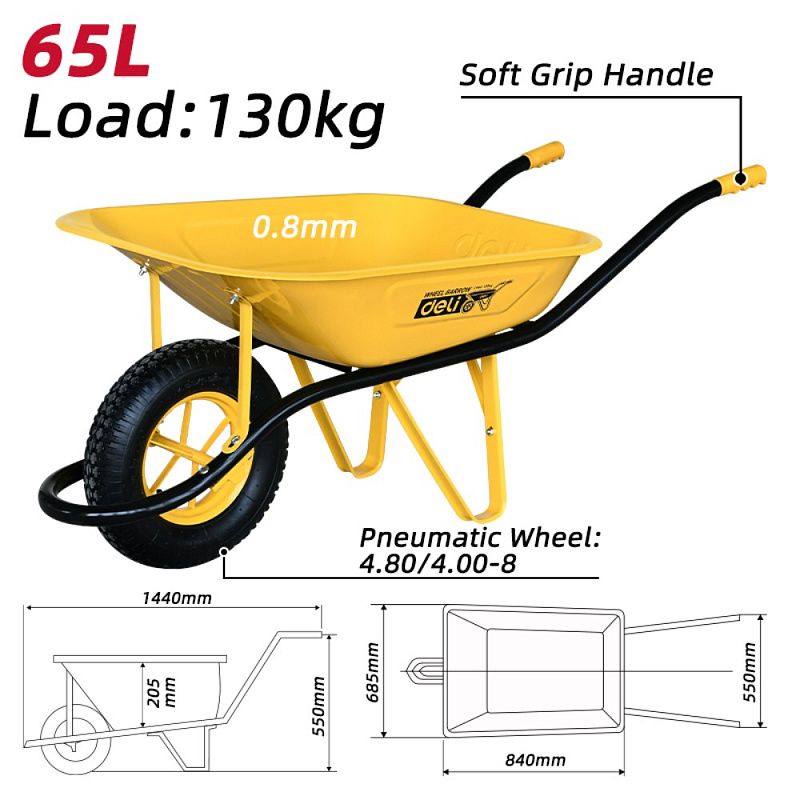 Тачка строительная Deli YS EDL436065, 65 л, 130 кг, 1 пневмоколесо, 4.80/4.00-8