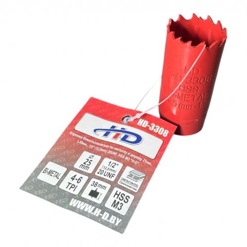 Коронка биметаллическая по металлу и дереву 25 мм., L38 мм., 1/2"-20UNF, HSS M3 H-D HD-3308
