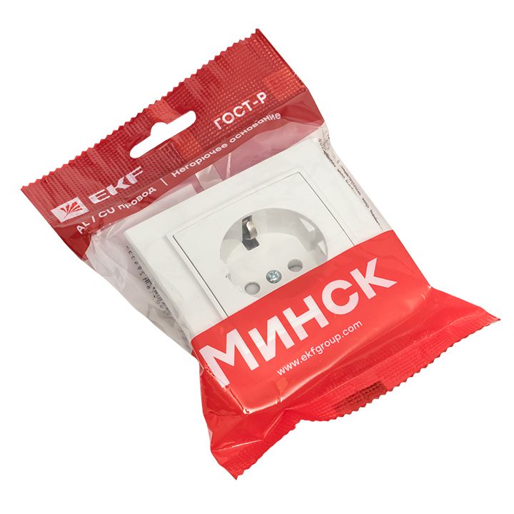Минск Розетка 1-местная СП с заземлением 16А белая с защ, штор, EKF Basic ERR16-028-100