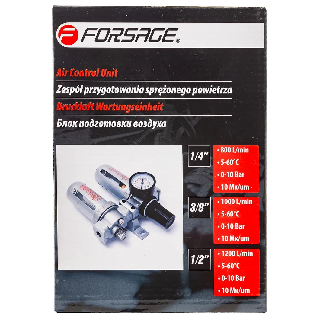 Блок подготовки воздуха 3/8'', фильтр-регулятор+лубрикатор, 10Мк, 1000 л/мин, 0-10bar, раб. t 5°-60° Forsage F-AFRL803