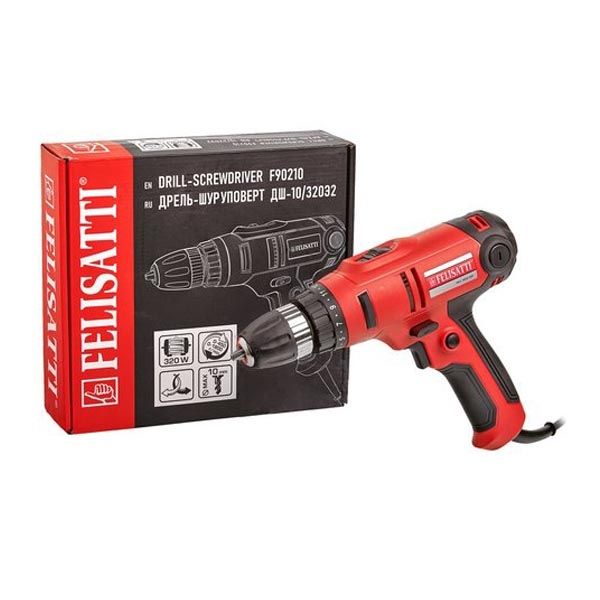 Сетевая дрель-шуруповерт 320,320 Вт, 45 Нм,макс. диаметр сверления в стали/дереве 10/28 мм,двухскоросная 0-450/0-1800 об/мин Felisatti FT9010 Felisatti