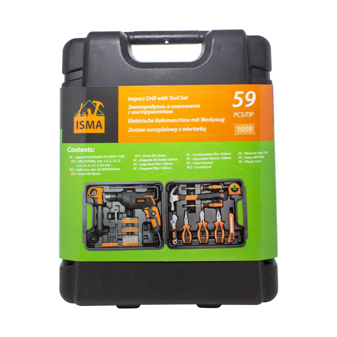 Набор инструментов с дрелью электрической, 59 пр., 220V, 750W, 0-2900 об/мин ISMA ISMA-1059