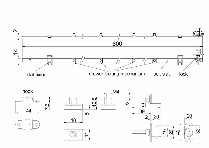 Замок для выдвижных 4-х ящиков механический центральный 288/800, черный, AKS 117303