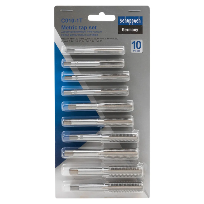 Набор метчиков метрический 10 пр М6х1, М7х1, М8х1/1.25, М10х1/1.25/1.5, М12х1.25/1.5/1.75 Scheppach Sch-C010-1T