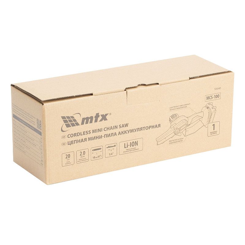 Цепная мини-пила аккумуляторная, MCS-100, шина 100 мм, Li-Ion, 20 В MTX 58640