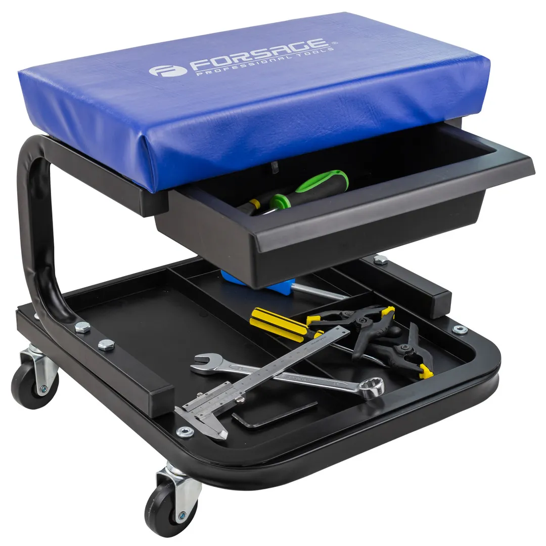 Стул автослесаря с инструментальной полкой на колесах 220х375 мм Forsage F-TR6301