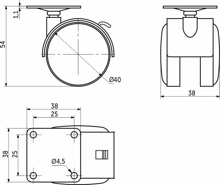 Колесо меб. пласт. d40 с площадкой с торм., серый AKS 114088