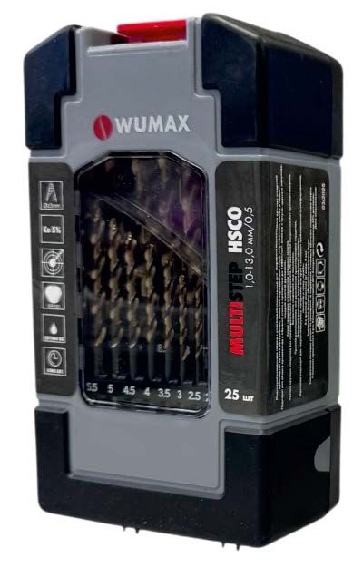 Набор сверел по металлу HSCO (5% Co) DIN338 MULTISTEP, 25 шт. 1-13 мм/0,5, WUMAX 1626940025