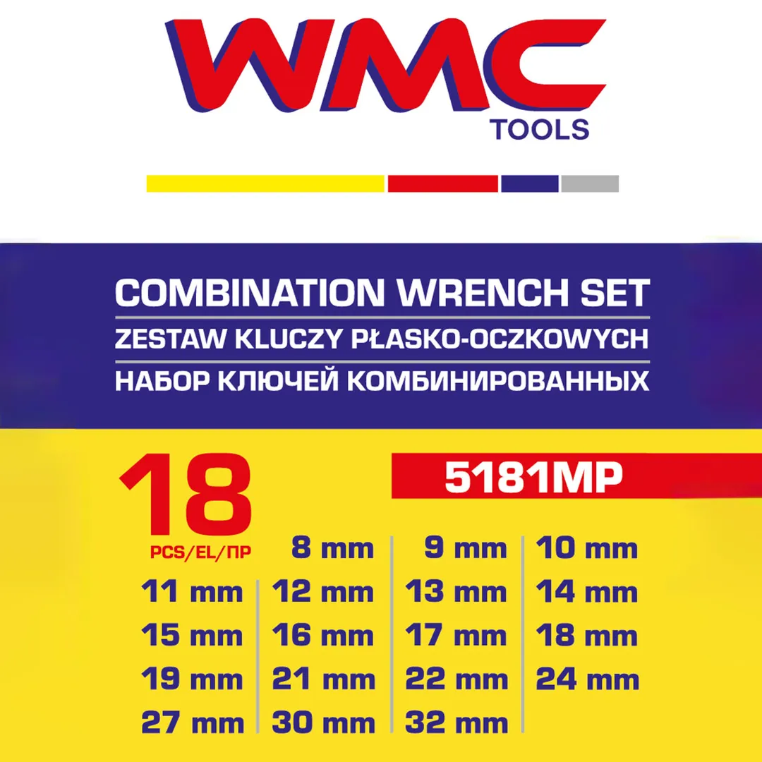 Набор ключей комбинированных 18 пр., 8-19, 21, 22, 24, 27, 30, 32 мм WMC TOOLS WMC-5181MP