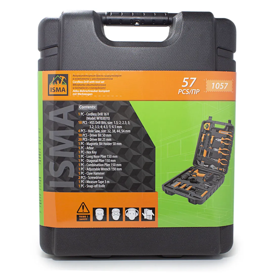 Аккумуляторный шуруповерт с набором инструментов 57 пр, 12V, 1.3Ah ISMA ISMA-1057