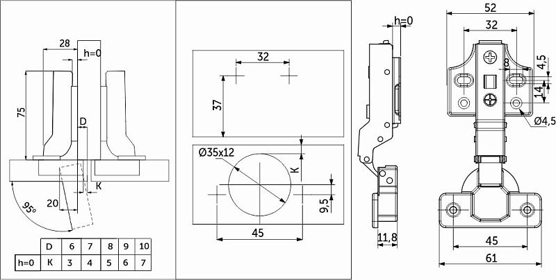 Петля полунакладная с доводчиком 45мм h0 clip-on, саморезы, заглушки, д/фасадов до 28мм, упак 2 шт., PRIME by AKS 112647