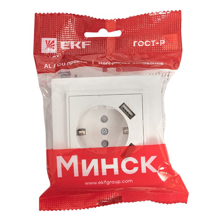 Минск Розетка 1-местная СП с/з 16А белая с защ, штор, с 2 USB 2,1А EKF ERR16-028-100-2USB