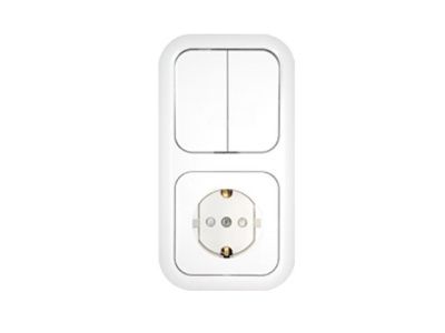 Блок выкл. 2 клав. + розетка (скрытая, с/з, со шторками) белая, Гармония, Bylectrica 2В-РЦ-555