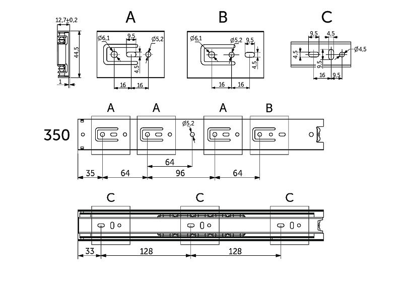 Направляющая шариковая L-350 h45 A черный PRIME by AKS 122746