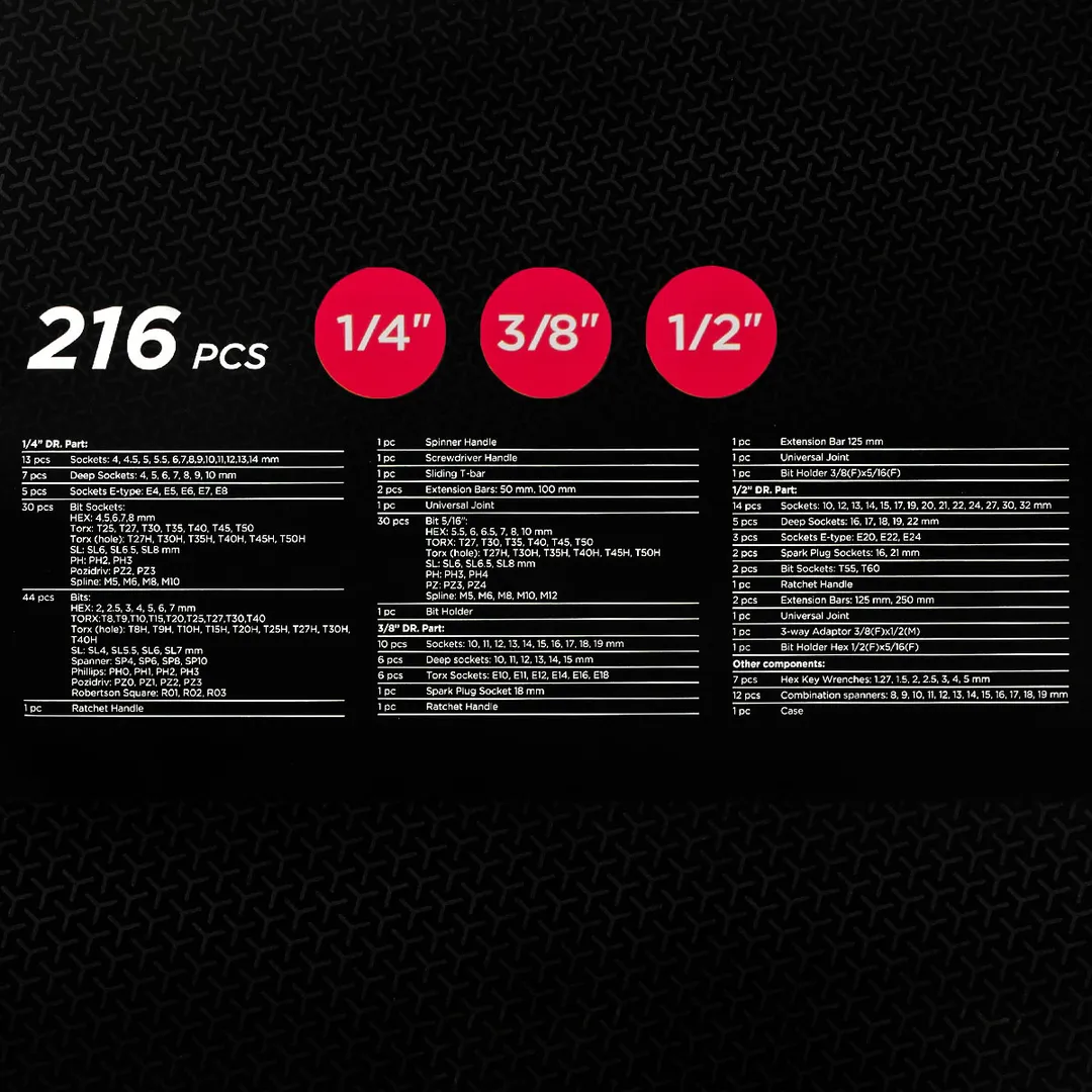 Набор инструментов 216 пр. 6-гр 1/4"&3/8"&1/2" DISEN DS38841