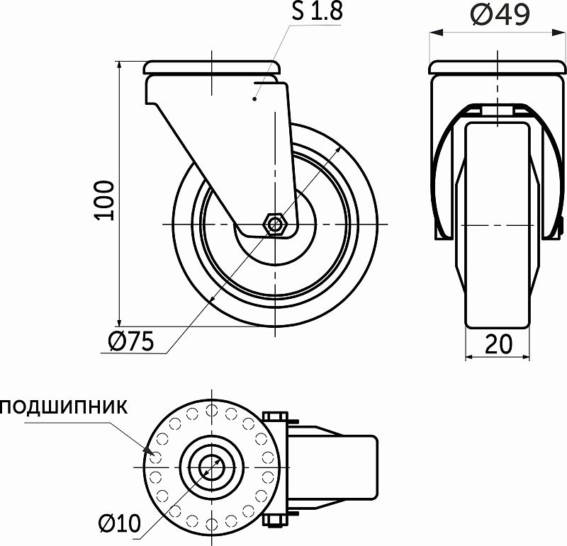 Колесо меб. TECH d75 h100 под винт М10, серый AKS 119792