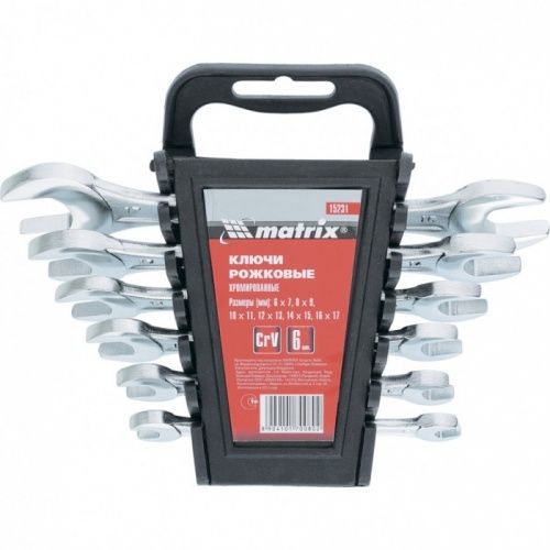 Набор ключей рожковых, 6-17 мм, 6 шт., CrV, хромированные Matrix 15231