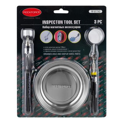 Набор аксессуаров магнитных, 3 пр., лоток-Ø108 мм, зеркало смотровое телескопическое:Ø30 мм L170-490 мм, магнит телескопический, L:160-850 мм, в бл RockForce RF-617A3
