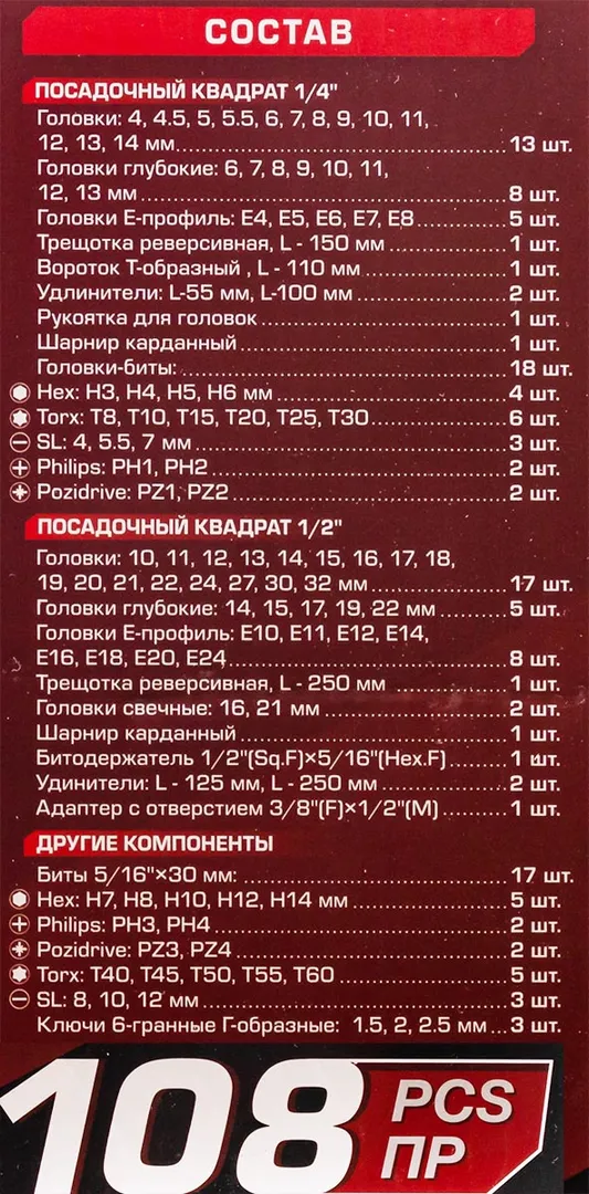 Набор инструментов 108 пр. 1/4''&1/2'' 6-гр. ForceKraft FK-41082