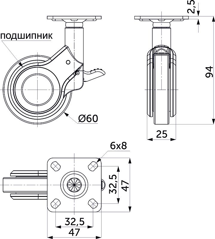 Колесо меб. GALAXY d60 h94 с площадкой с торм., золото/черный AKS 122710