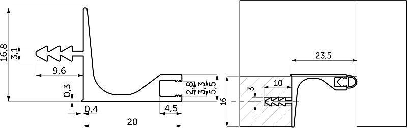 Ручка-профиль алюм. врезная для верхней базы 4м ДСП 16, анодированный черный AKS 118413