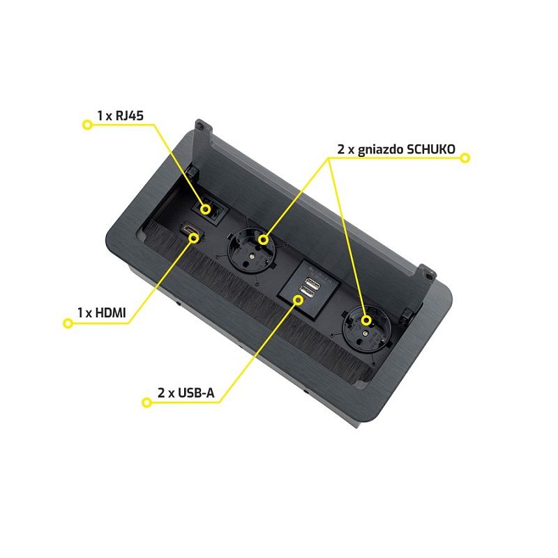 Выдвижной удлинитель 2 розетки, 1xUSB-A, 1xUSB-C, HDMI, LAN, черный, провод 1.5м, HLT 85160