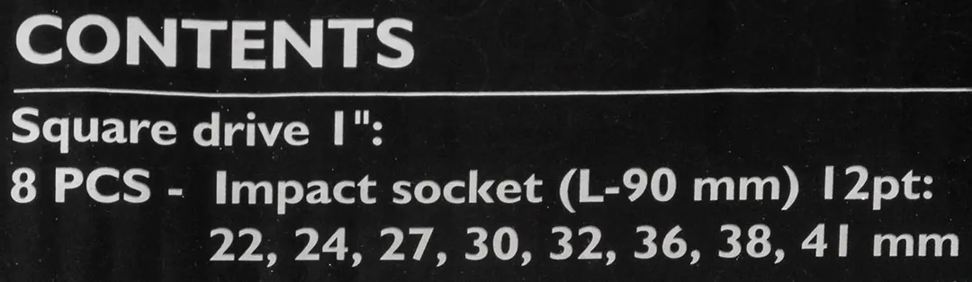 Набор головок ударных глубоких 8 пр. 1'', 12-гр, 22, 24, 27, 30, 32, 36, 38, 41 мм JCB JCB-8081-9MPB