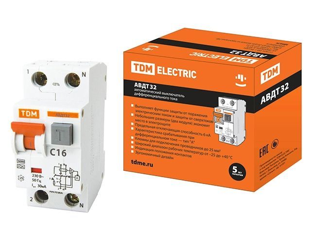 Выключатель дифференциальный автоматич. АВДТ-32 C16 30мА тип А TDM SQ0202-0030