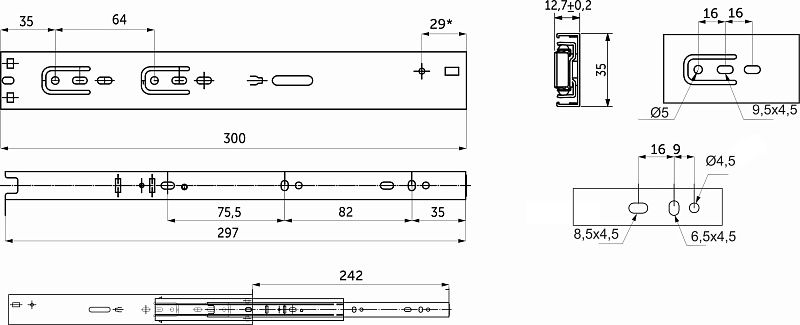 Направляющая шариковая L-300 h35 SOFT CLOSE A AKS 115390