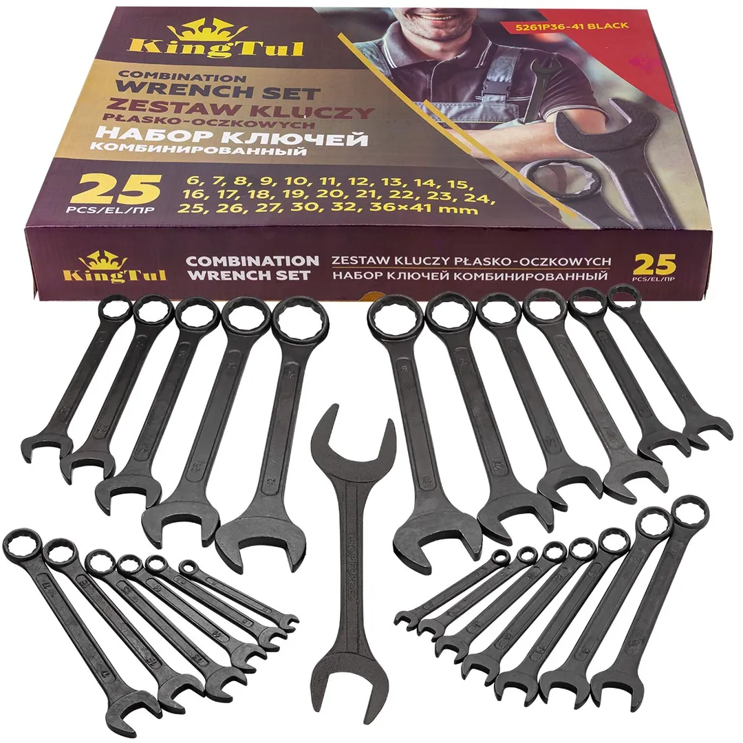 Набор ключей комбинированных 25 пр, 6-27, 30, 32, рожковый ключ 36х41 мм KINGTUL KT-5261P36-41 Black