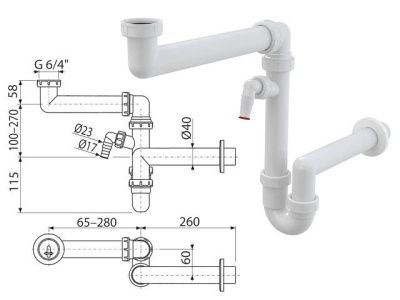 Сифон для мойки экономящий пространство cо штуцером и накидной гайкой 6/4, Alcaplast A872P