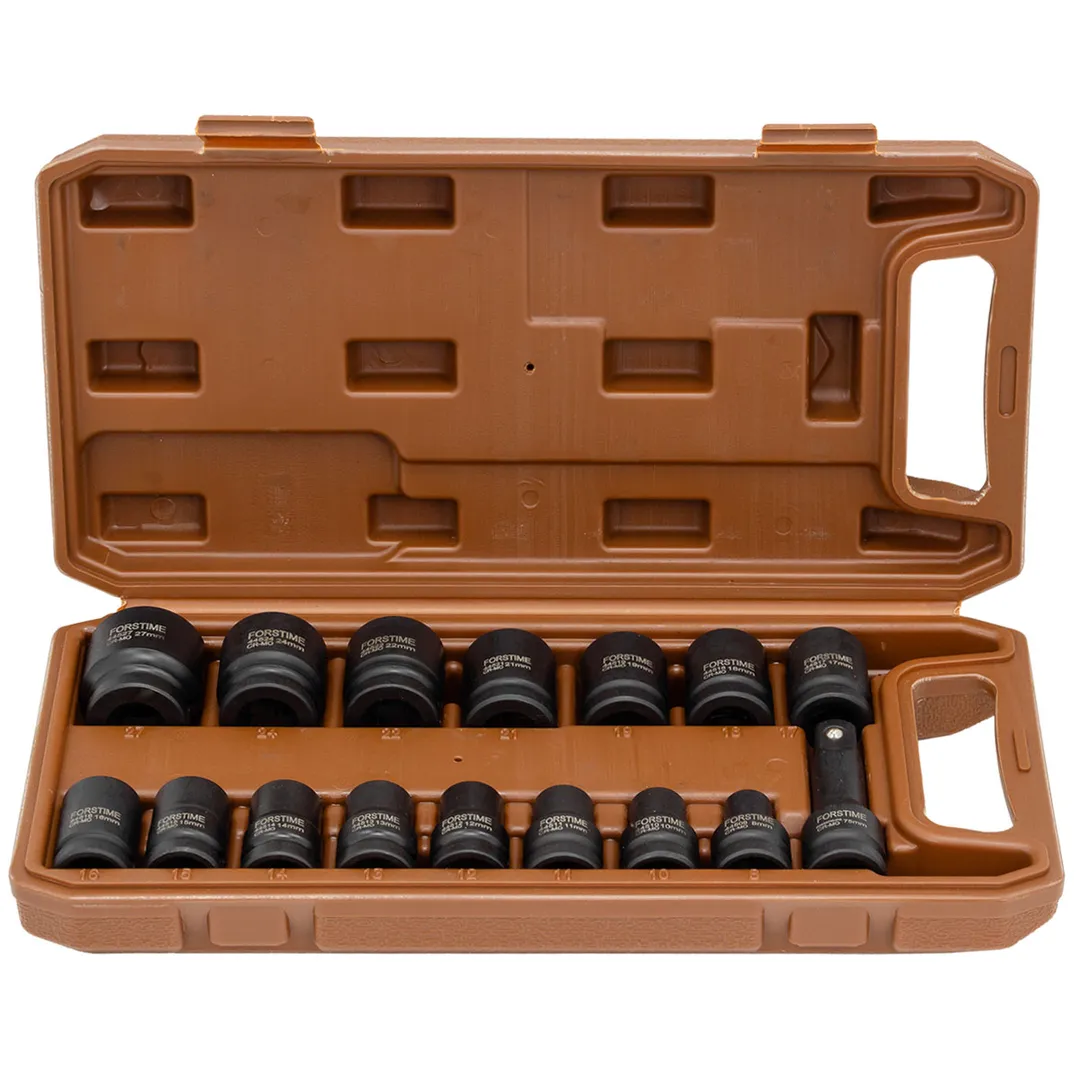 Набор ударных головок 8-27 мм 1/2'' 6- гр 16 пр, удлинитель 75 мм FORSTIME FT-4179-5MPB