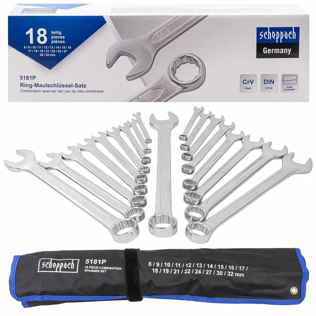 Набор комбинированных ключей 18 пр. 8-19, 21, 22, 24, 27, 30, 32 мм Scheppach Sch-5181P