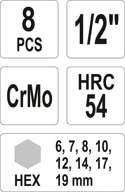 Набор ударных головок-бит 1/2'' HEX 6-гран. 5-19 мм 8 пр. Yato YT-1066