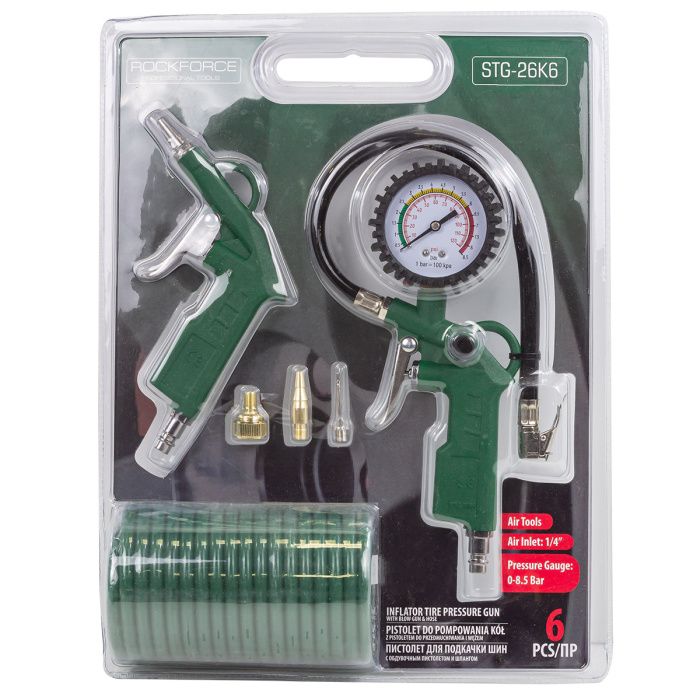 Пистолет для подкачки шин с манометром в комплекте с пистолетом обдувочным и шлангом, 0-8.5 Bar, шланг 5 м RockForce RF-STG-26K6