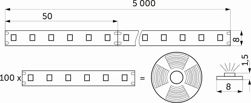Лента светодиодная 9,6W/m, 24V, 8мм, 2835, 120 д/м, IP20, нейтральный белый, 4000K, CRI>80, 1100 Lm, 5м, AKS 115306