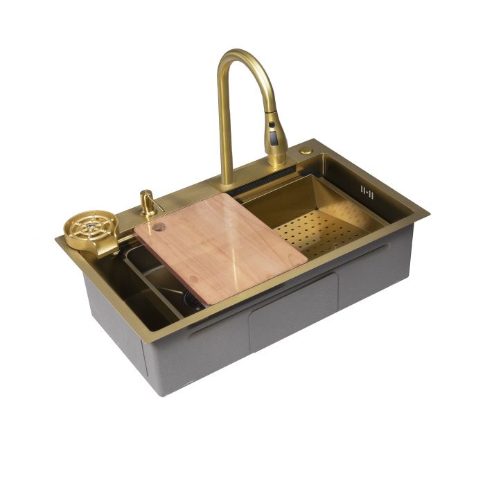 Мойка н/сталь, прямоугольная одночашевая, со смесителем, 750*450мм, золото, PVD покрытие, врезная на/вровень столешнице, AKS (3,2мм) 112681