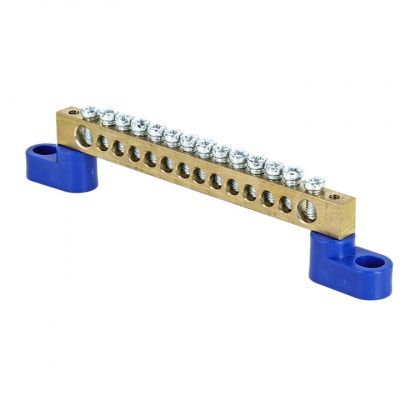 Шина "0" N (6х9мм) 14 отверстий латунь 2 синих угловых изолятора розничный стикер EKF PROxima sn0-63-14-2-r