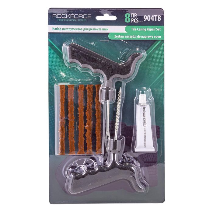 Набор инструментов для ремонта шин 8 пр., шило, протяжка, шнуры-5 шт, клей, RockForce RF-904T8