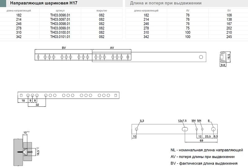 Направляющая шариковая L-182 h17 REJS 91269