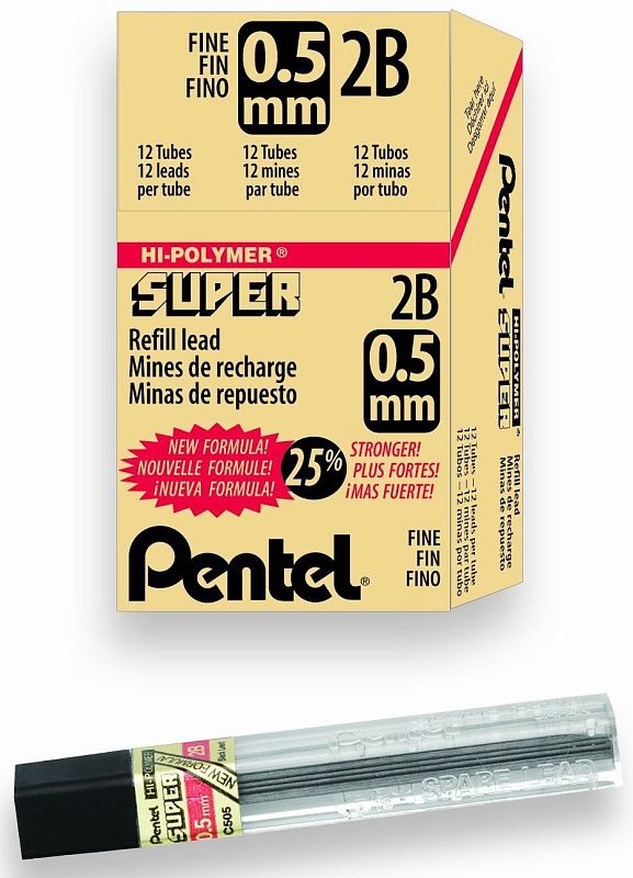 Грифели для автоматического карандаша "Hi-Polymer Super Lead", 2B, 0.5 мм, 12 шт