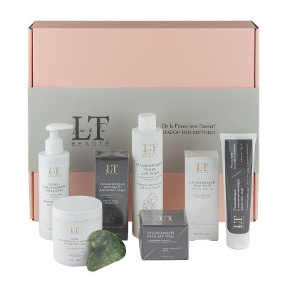 Набор, Увл, эссенция, тоник, восст, маска, крем для лица, увл, патчи для кожи вокруг глаз, пенка для глуб, очищения со скраб, гранулами, пэды-60шт+скребок гуаша La and Te beaute LT1R