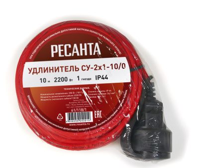 Удлинитель силовой б/катушки, СУ-2х1-10/0 (IP44) Ресанта 61/118/1