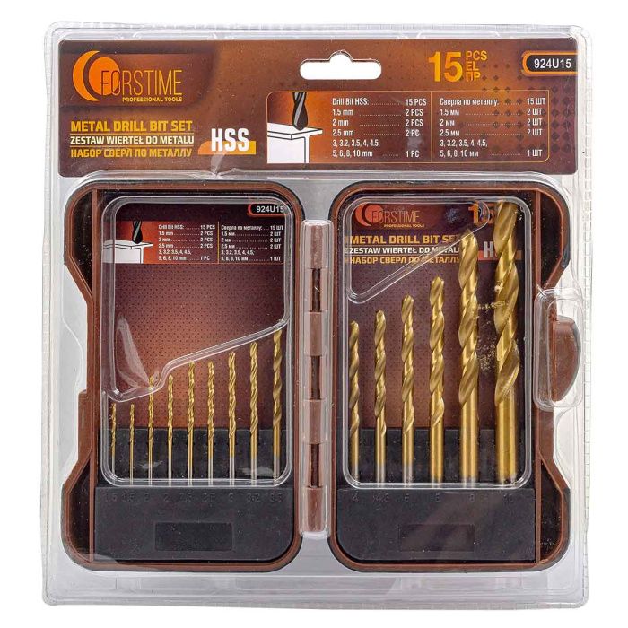 Набор сверл по металлу 15 пр, 1.5-10 мм FORSTIME FT-924U15