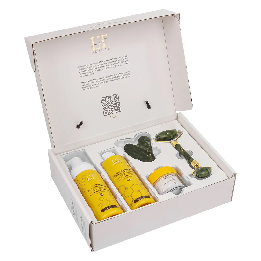 Набор мед и молоко для сухой кожи лица, тоник LT-1190, крем-LT1220, пенка-LT-1251, скребок гуаша, массажный ролик зеленый La and Te beaute LT-Hm1