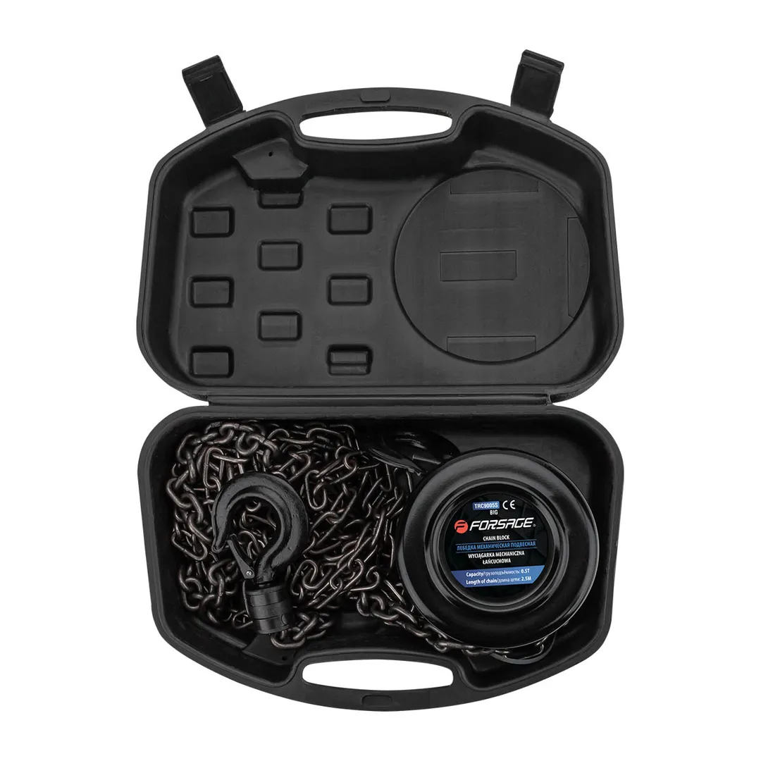 Таль механическая подвесная с фиксацией цепи натяжения, 0.5 т, длина цепи - 2.5 м в кейсе Forsage F-TRC9005S BIG